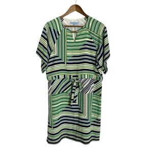 Antonio Melani Shirt Dress Womens 4 Blue Green White Short Sleeve Keyhole